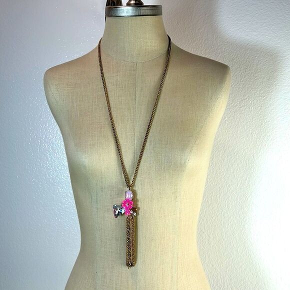 J. Crew Jewelry - J Crew Gold Chain, Pink Flowers, Crystal Pendant